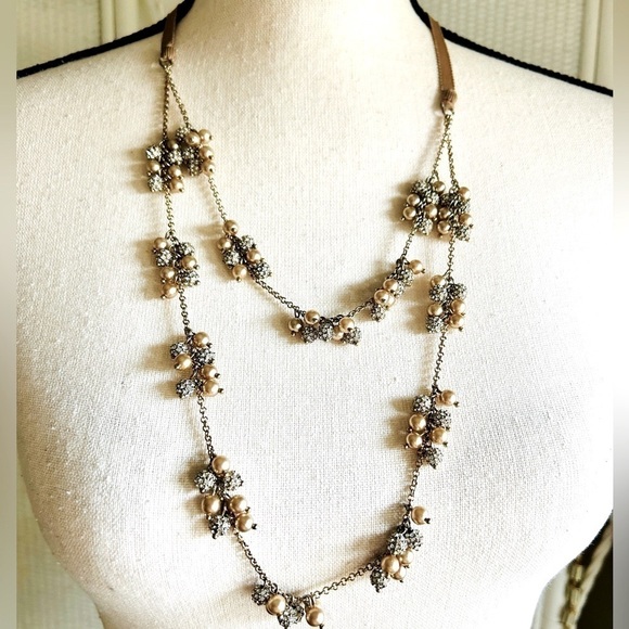 Necklace Crystal and Bead Clusters Two Strand Ribbon Tie - Picture 3 of 13